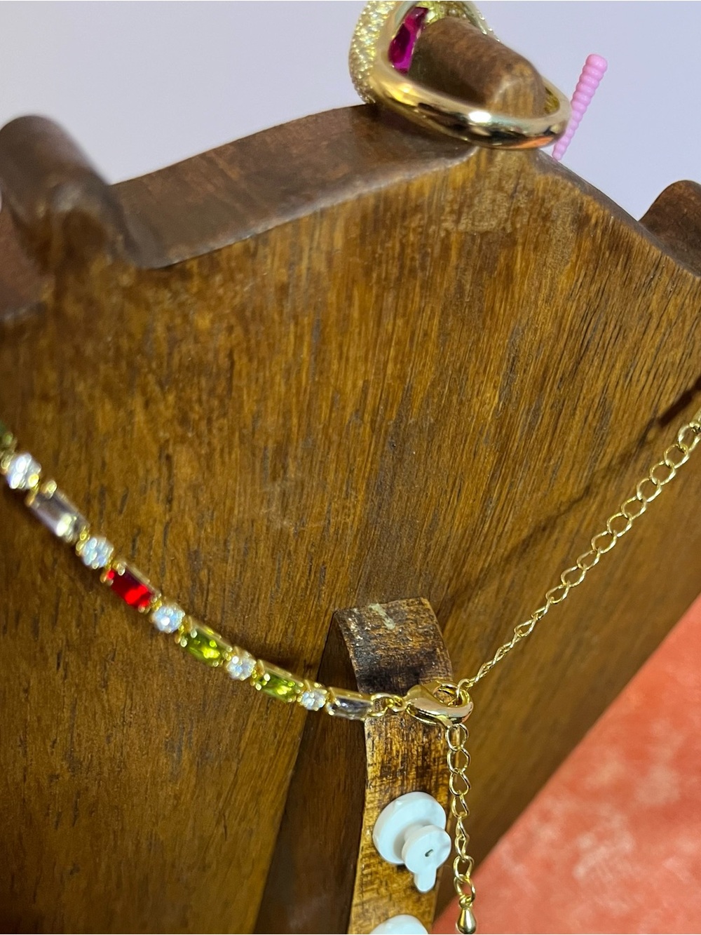 Multi-Gem Necklace, Bracelet, Red Gem Bracelet & Ring, Red Moissanite Earrings - Picture 9 of 9